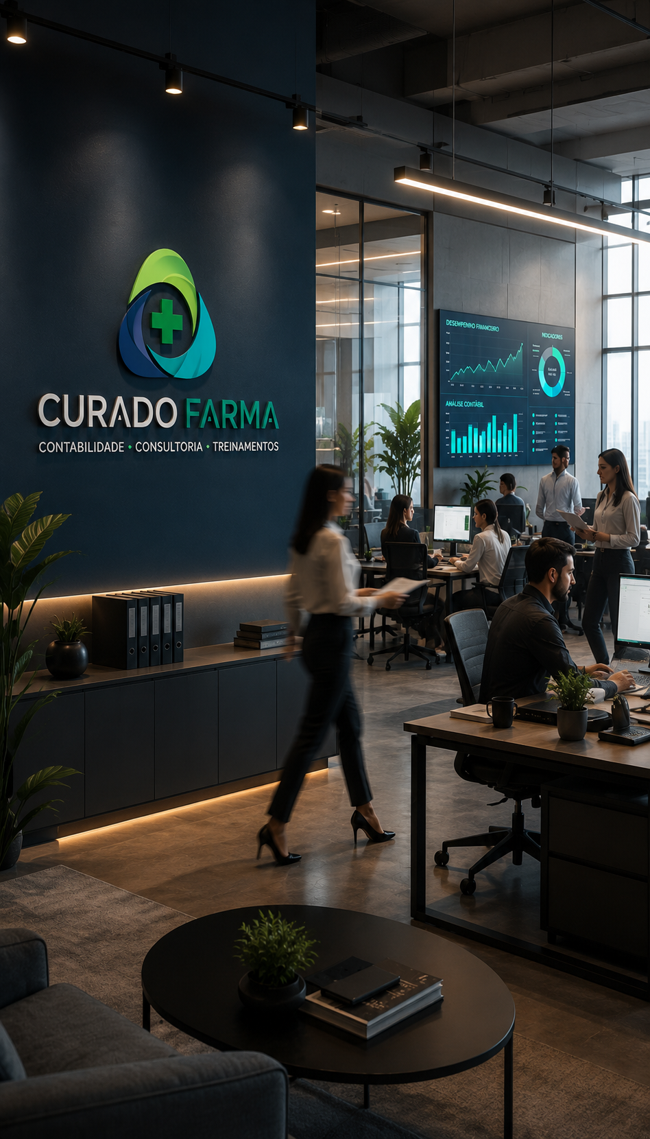 Escritório da Curado Farma com equipe trabalhando e painéis de BI ao fundo